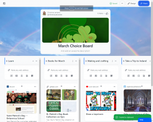 Green Shamrocks against a bluesky and a rainbow. The title reads March Choice board. Columns for various activities are labeled: learn, Read, making and crafting, and take a trip to Ireland