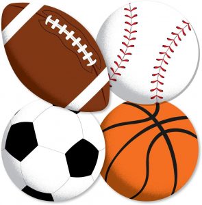 The picture includes a football, baseball, soccer and basketball. 